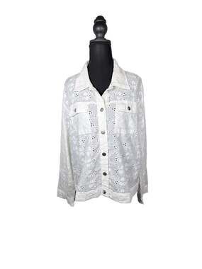 Colleen Lopez White Cotton Eyelet Button-Up Jacket Sz L Boho Cottagecore